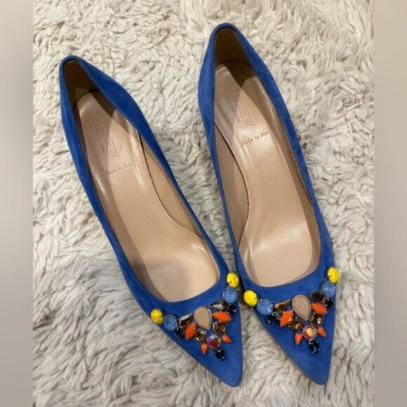 J Crew COLLECTION Dulci Suede Kitten Heels Women’s Size 8 Jeweled Blue Italy - Picture 12 of 16